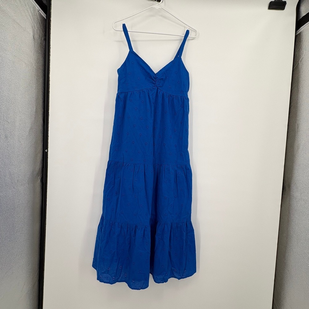 Ophelia Roe Blue Eyelet Tiered Maxi Dress Sleeveless V-Neck Smocked Back Summer